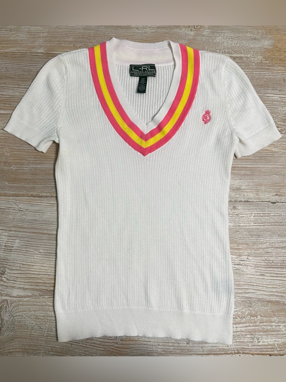 Vintage Lauren Ralph Lauren Active Sz S Short Sleeve V-Neck Sweater Retro Preppy